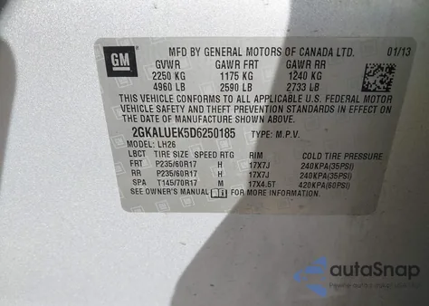 2013 GMC Terrain Slt-1 из США, поврежденный, VIN 2GKALUEK5D6250185